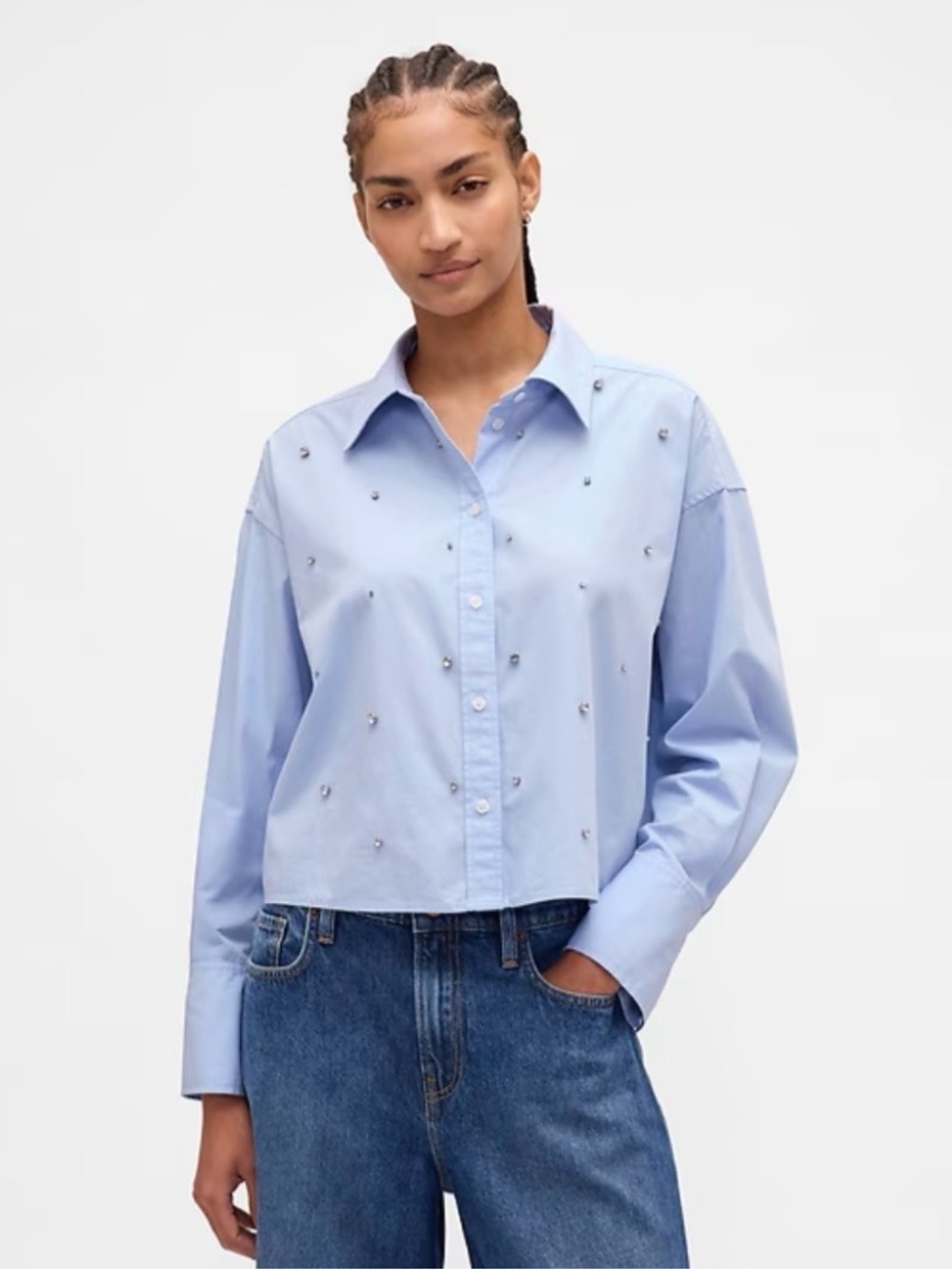 GAP Organic Cotton Embellished Straight-Hem Crop Shirt